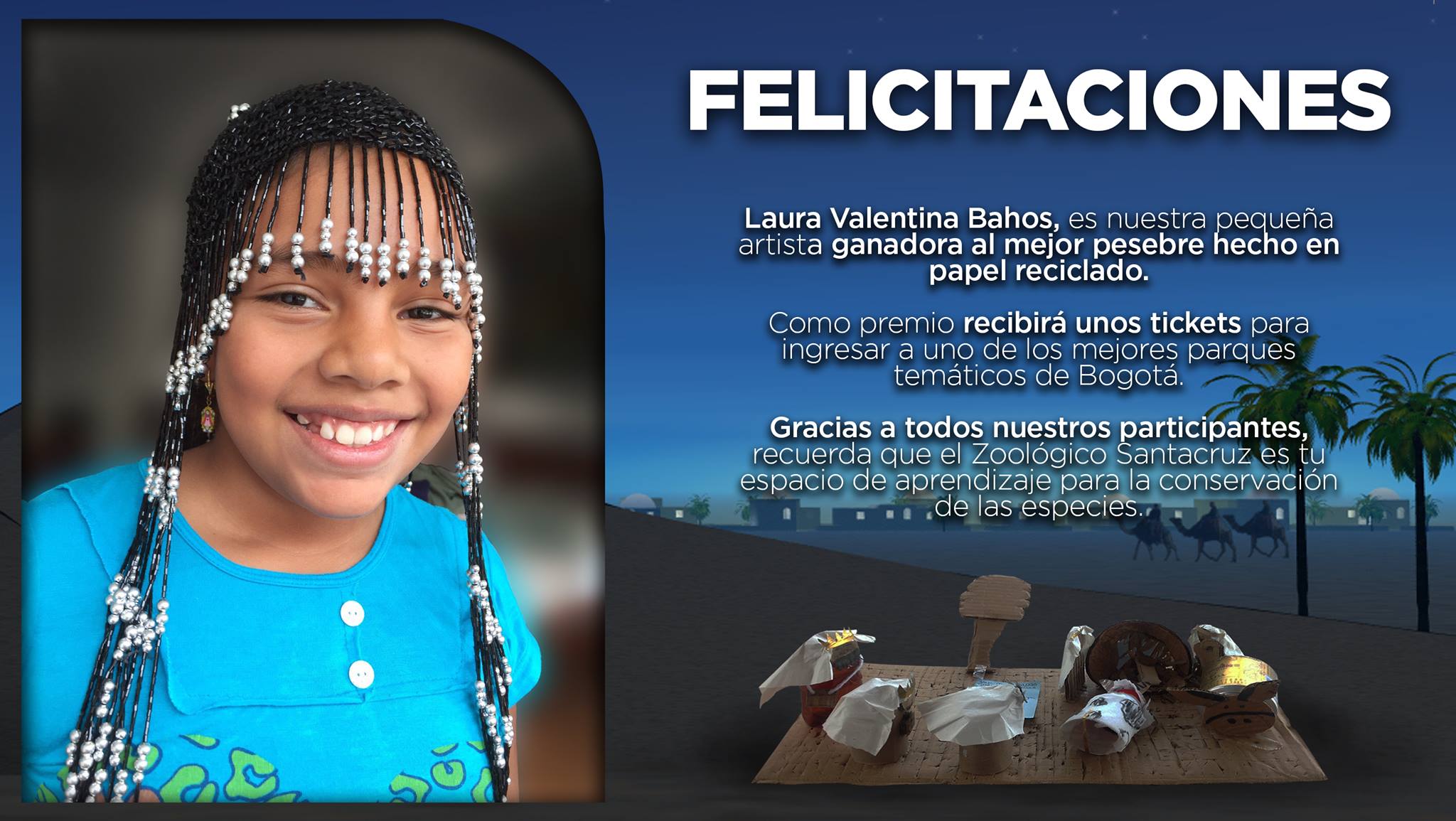 Laura Valentina Bahos, es nuestra pequeña artista ‪‎ganadora‬ al mejor‪ pesebre‬ hecho en papel reciclado